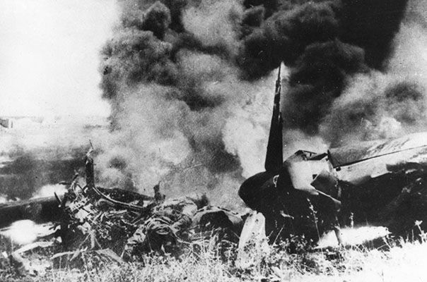 The burning remains of a German Junkers Ju88 bomber which crashed close to the RAF airfield at Ta Kali after being shot down during a raid on the island on 31 December 1942. (UK Crown Copyright / MOD. Courtesy of Air Historical Branch, RAF)