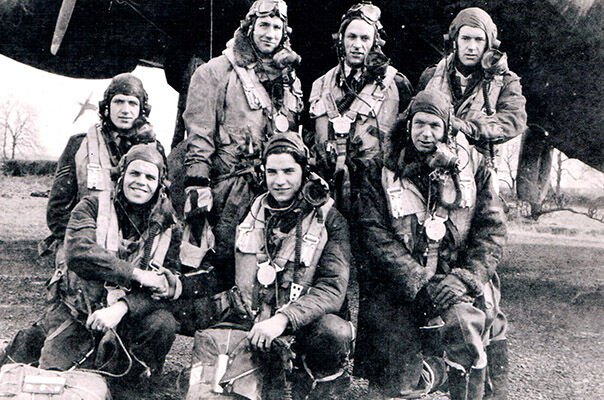 A Halifax crew including bomb aimer Dale Loewen, back row far right, and pilot John Gilson, back row second right, who would lose their lives attacking an invasion target in the run up to D-Day. Photograph taken from D-Day Bomber Command Failed to Return.