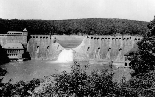 German photograph of the breach wall of the Eder dam after the "Dambusters" raid in May 1943. Crown Copyright, MOD.