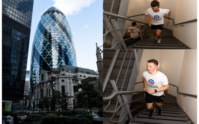 Collage of the Gherkin building and two runners climbing the stairs