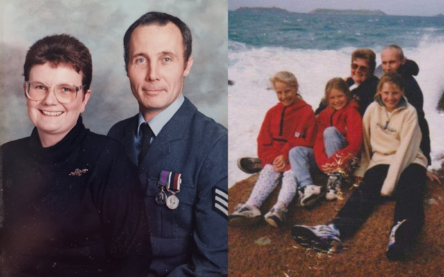 Caroline and Roger Davidson in photo on left and on right family photo sitting on rock on the beach