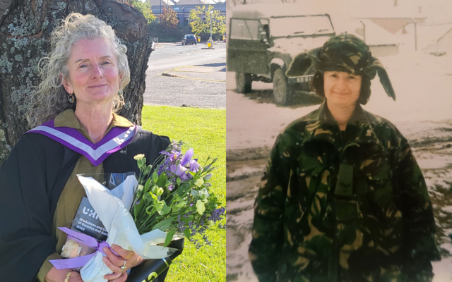 Elizabeth older on right wearing graduation gown and holding flowers, on left in uniform in the snow