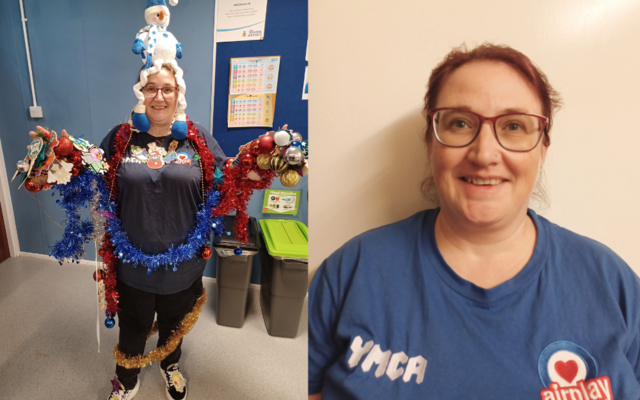 Allison dressed up in tinsel and xmas decs on left, Allison headshot on right