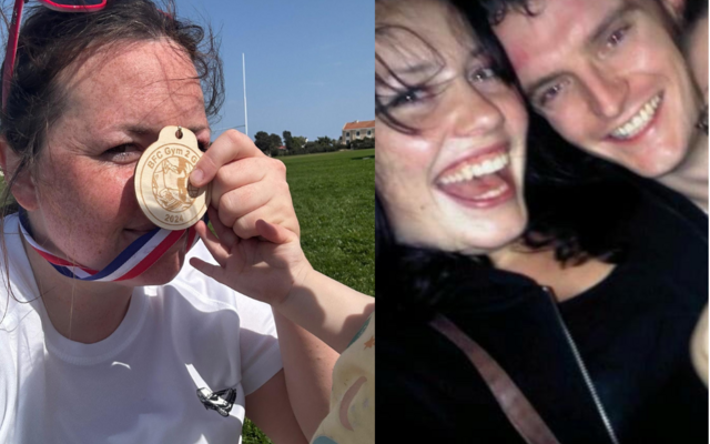 Amy Briggs holding medal left, Amy and Richard smiling right