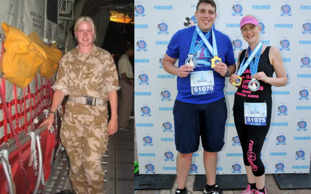 Jesse in uniform left, with husband after race holding medals on right