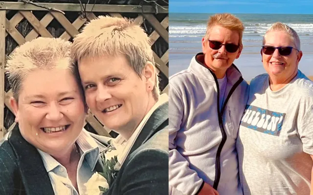 Alex and her wife Kim on wedding day and now