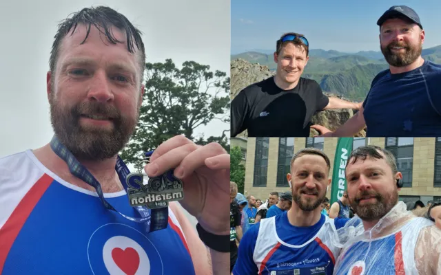 Doug McCorkindale marathon with medal left, with his friend smiling at top of mountain 