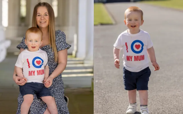 Amileigh and son wearing I love mum top with Fund roundel