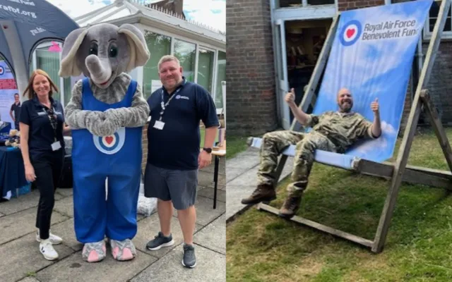 Fund staff with Ben Elephant mascot left, man in uniform in giant Fund deck chair