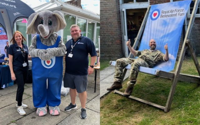 Fund staff with Ben Elephant mascot left, man in uniform in giant Fund deck chair