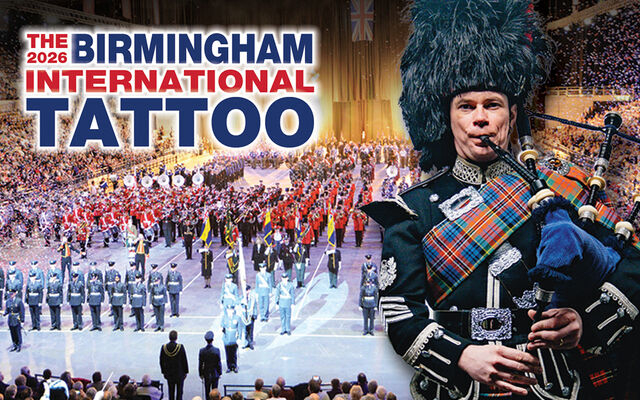 The Birmingham International Tattoo poster with a man playing the bagpipe at the forefront, overlaid onto a background of a band in an arena.