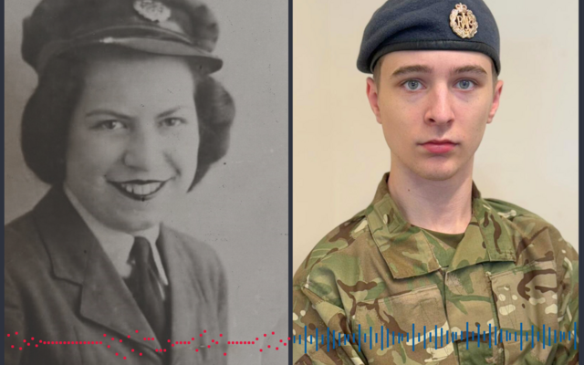 A side by side image of Dorothy, a WAAF plotter, next to her modern day counterpart, Jack a RAF cyber communications specialist.