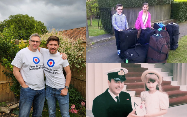 Liam and his dad left, Amelia and her brother with suitcases right, Jen and her father in Navy uniform right
