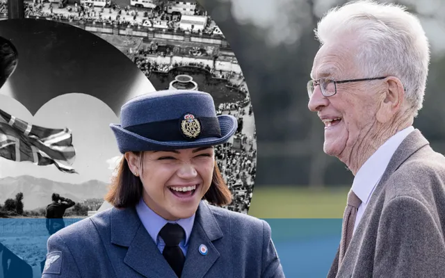 In the foreground is an image of a male veteran and female serving RAF personnel. In the background is a roundel with historical images which commemorate VE Day superimposed.