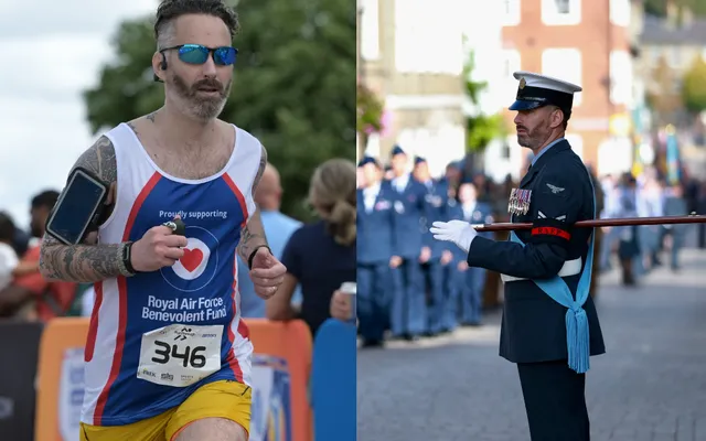 Alan running in Fund vest on left, in uniform at parade on right