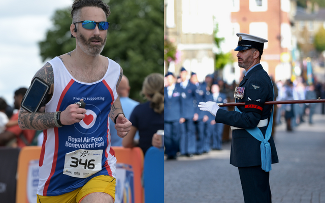 Alan running in Fund vest on left, in uniform at parade on right