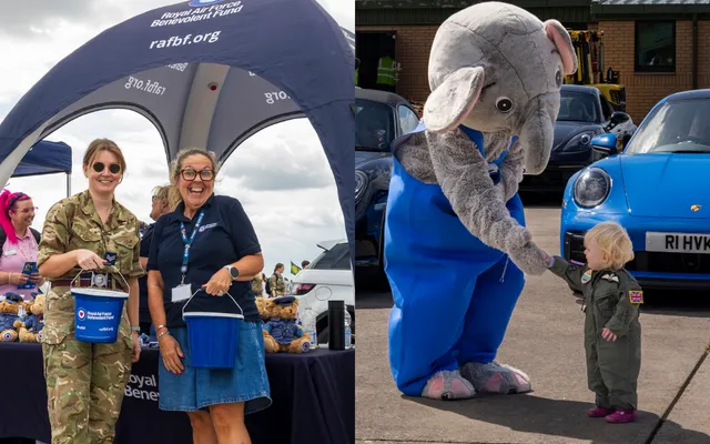 Personnel and Fund staff at Gazebo and Ben Elephant shaking hand with infant
