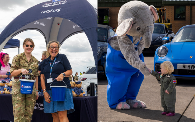 Personnel and Fund staff at Gazebo and Ben Elephant shaking hand with infant