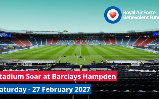 An image of Barclays Hampden stadium with the RAF Benevolent Fund logo and text overlaid. The text reads (Stadium Soar at Barclays Hampden, Saturday - 27 February 2027)