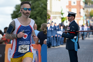 Alan running in Fund vest on left, in uniform at parade on right
