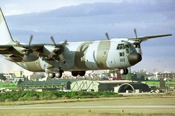 RAF Hercules coming in to land at Gioia Del Colle airbase in southern Italy as part of Op Cheshire, the relief effort in the Balkans which ran from July 1992 to January 1996.