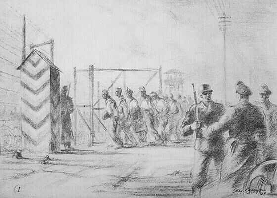 An illustration depicting camp life at Stalag Luft III. Image is from the booklet 'The Great Escape Stalag Luft III - From the original drawings made by Ley Kenyon 1943'.