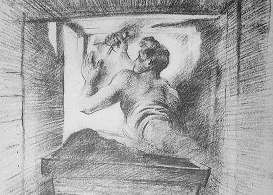 An illustration of a PoW digging in the tunnel. Image is from the booklet 'The Great Escape Stalag Luft III - From the original drawings made by Ley Kenyon 1943'.