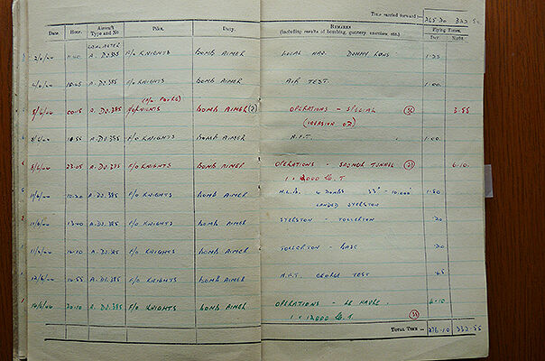 John Bell's log book. Photograph taken from D-Day Bomber Command Failed to Return published by Fighting High www.fightinghigh.com.