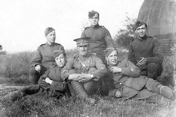 Airmen with 10 Squadron RFC pictured at an airfield in Belgium, circa 1917/18. (Photo: Air Historical Branch)