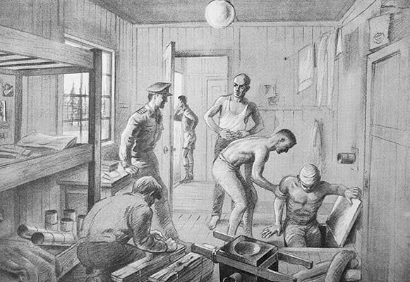 An illustration depicting Stalag Luft III PoWs testing out the escape tunnel. The image is from the booklet 'The Great Escape Stalag Luft III - From the original drawings made by Ley Kenyon 1943'.