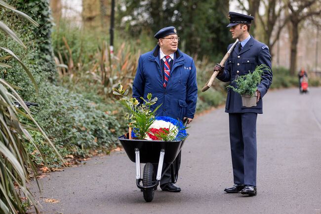 89-year-old RAF veteran Reg Lawrence pictured discussing the garden plans with Flying Officer Edgar from RAF Queen’s Colour Squadron