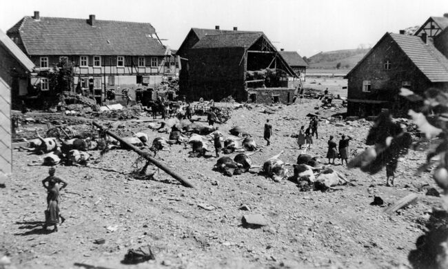 Post-raid photographs taken of the areas damaged in the extensive flooding caused by the breaching of the Mohne and Eder dams by 617 Squadron (Operation CHASTISE) during the night of 16/17 May 1943. Crown Copyright, MOD.