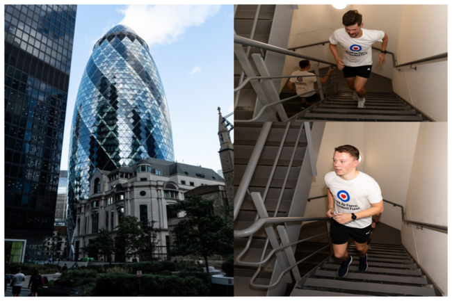Collage of the Gherkin building and two runners climbing the stairs