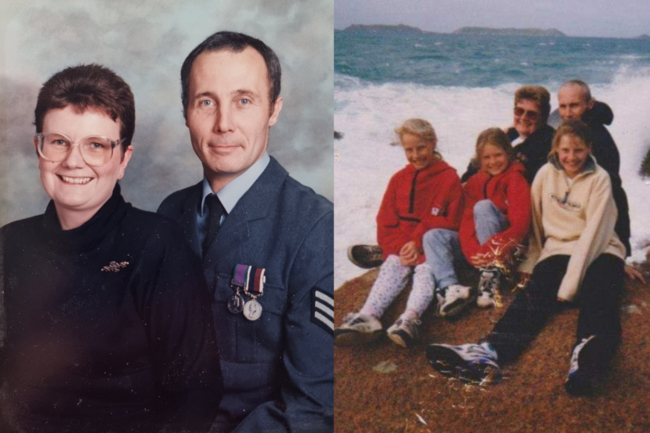 Caroline and Roger Davidson in photo on left and on right family photo sitting on rock on the beach