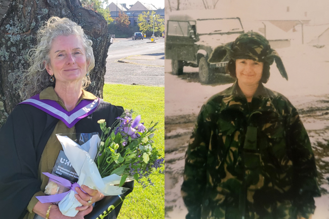 Elizabeth older on right wearing graduation gown and holding flowers, on left in uniform in the snow