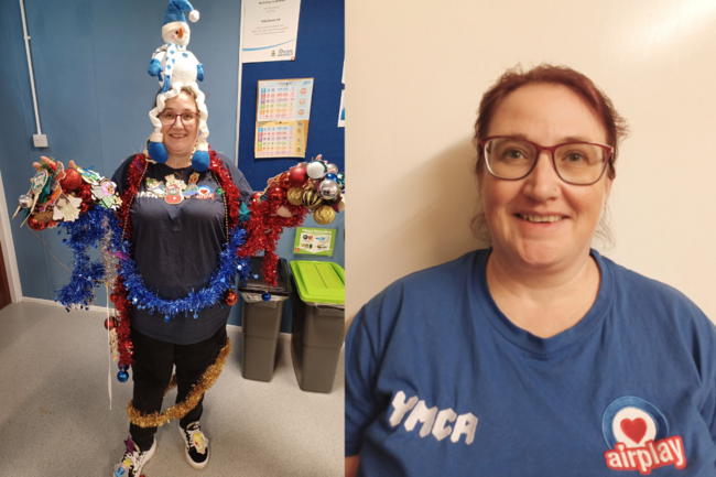 Allison dressed up in tinsel and xmas decs on left, Allison headshot on right