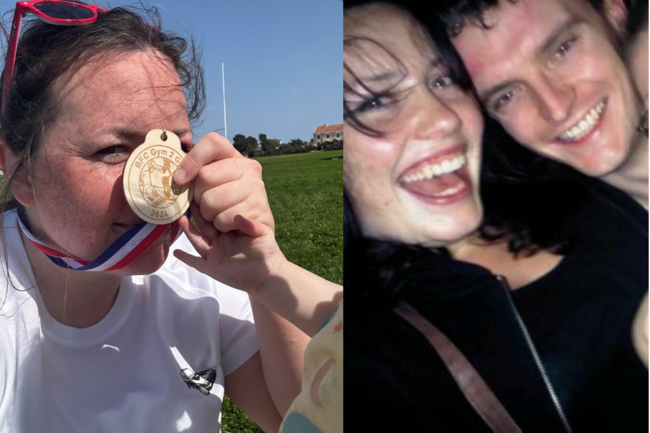 Amy Briggs holding medal left, Amy and Richard smiling right