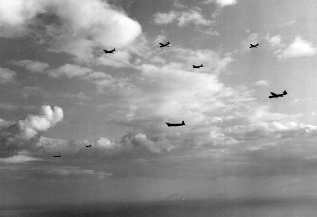 Operation MALLARD: Short Stirling IVs towing Airspeed Horsa troop-carrying gliders toward the French coast, shortly after 9pm on 6 June 1944. On board the Horsas were infantry of the 6th Airlanding Brigade, reinforcing the 6th Airborne Division in Normandy.