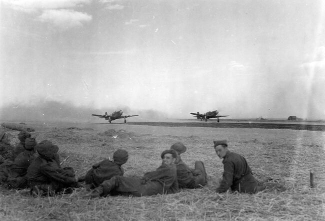 Mustangs taking off from B2/Bazenville for a sortie over Normandy, 14 June 1944.