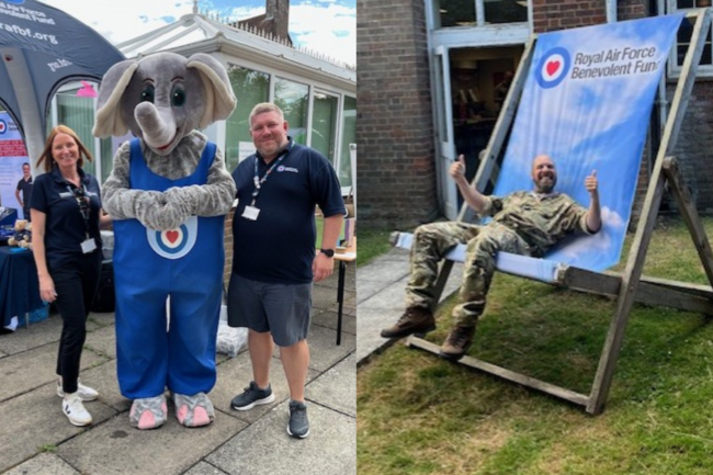 Fund staff with Ben Elephant mascot left, man in uniform in giant Fund deck chair