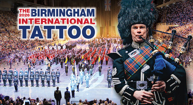 The Birmingham International Tattoo poster with a man playing the bagpipe at the forefront, overlaid onto a background of a band in an arena.