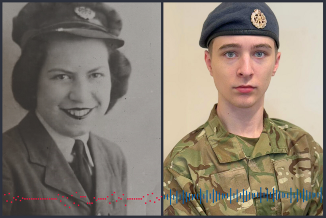 A side by side image of Dorothy, a WAAF plotter, next to her modern day counterpart, Jack a RAF cyber communications specialist.