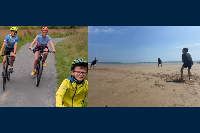 Family on a bike ride and at the beach enjoying holiday