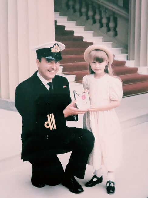 Jen as a child and her dad in Royal Navy uniform