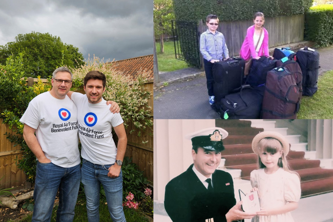 Liam and his dad left, Amelia and her brother with suitcases right, Jen and her father in Navy uniform right