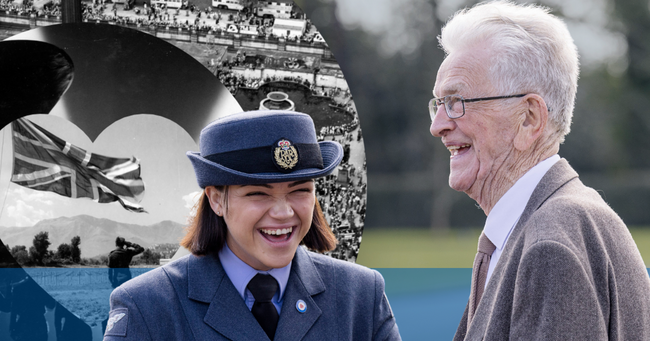 In the foreground is an image of a male veteran and female serving RAF personnel. In the background is a roundel with historical images which commemorate VE Day superimposed.