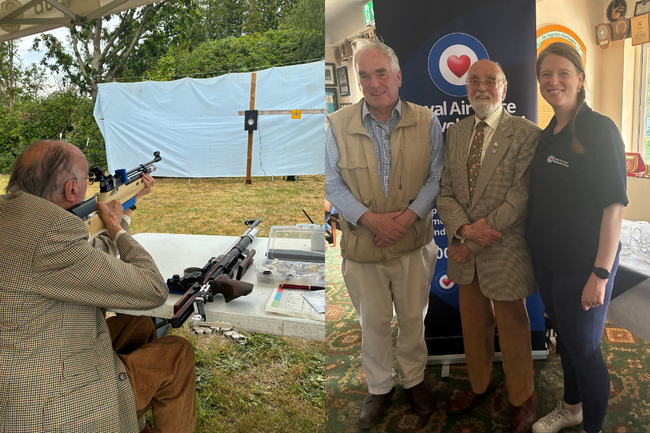 Man holding rifle aiming and 3 members standing smiling in front of Fund logo