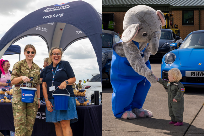 Personnel and Fund staff at Gazebo and Ben Elephant shaking hand with infant