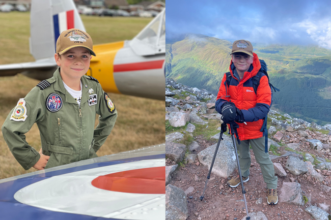 Jacob in flying suit and Jacob on Ben Nevis